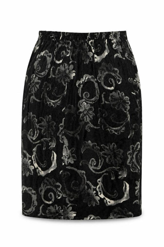 Front view of Berkertex women’s grey paisley pleated skirt, size UK 16