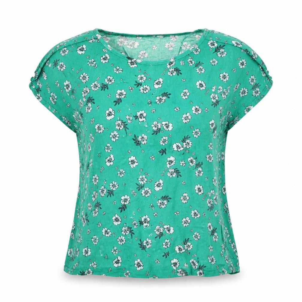 Front view of Primark women’s green floral basic t-shirt, size UK 8