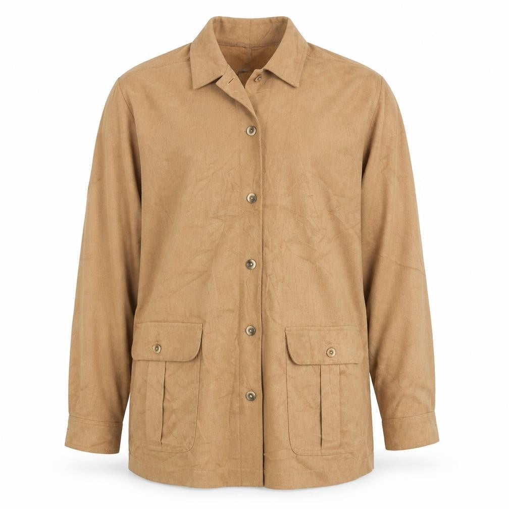 Front view of Tru Casual men’s beige button-up, size S