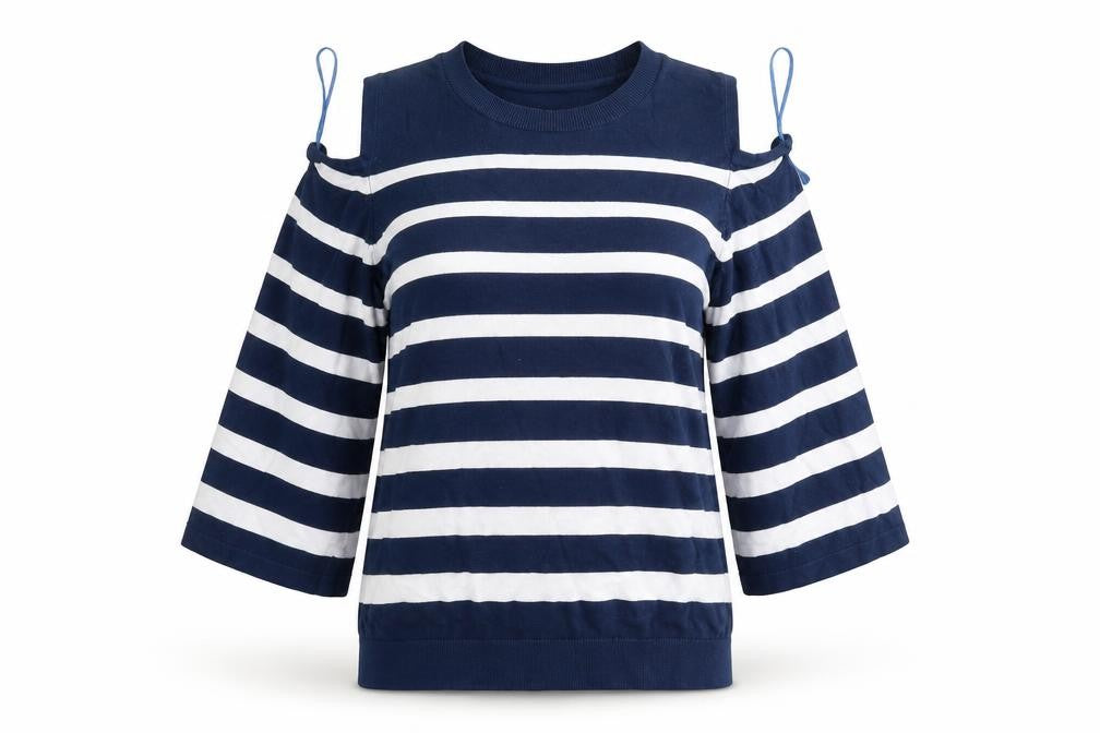 Front view of Matalan women’s blue striped jumper, size UK 10