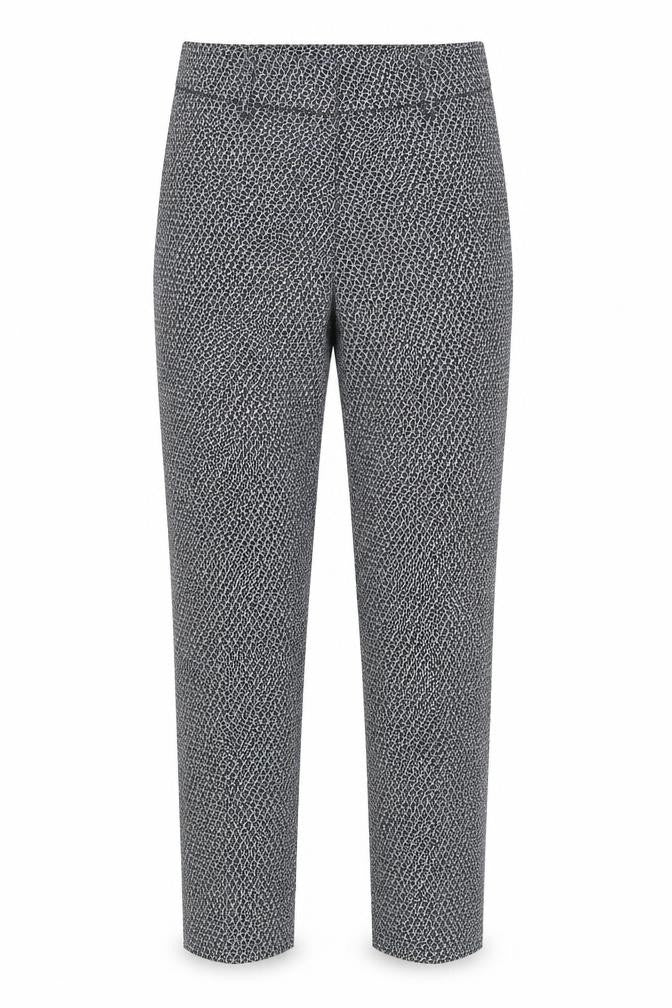 Front view of H&M women’s black geometric trousers, size UK 10, 27-inch leg