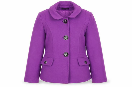 Front view of Debenhams women’s purple overcoat coat, size UK 14