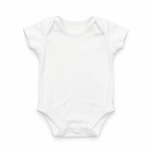 Front view of Nutmeg Baby White Babygrow One-Piece, size 18-24, Months