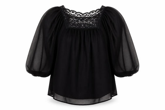 Front view of AX women’s black floral lace basic blouse, size UK 12
