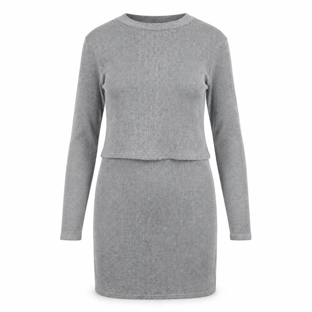 Front view of Cameo Rose women’s grey striped shift, size UK 12