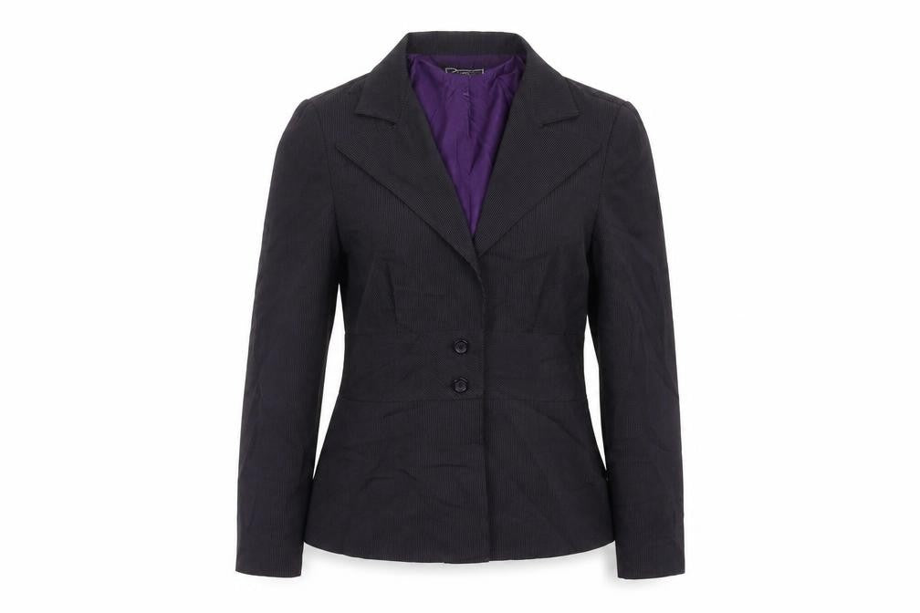 Front view of sweet suit women’s purple striped jacket suit jacket, size UK 8
