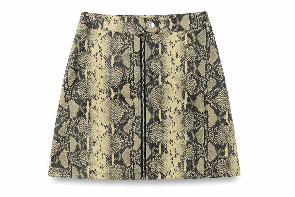 Front view of Primark women’s beige animal print a-line skirt, size UK 6