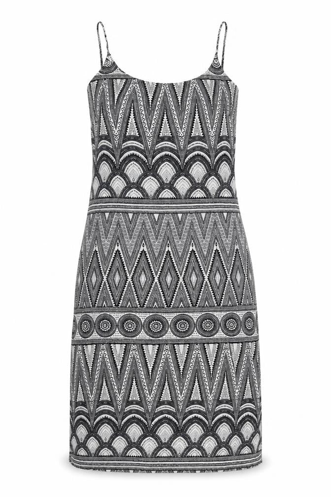 Front view of H&M women’s black geometric fit & flare, size UK 4