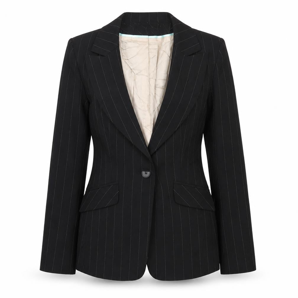 Front view of Warehouse women’s black striped jacket blazer, size UK 10