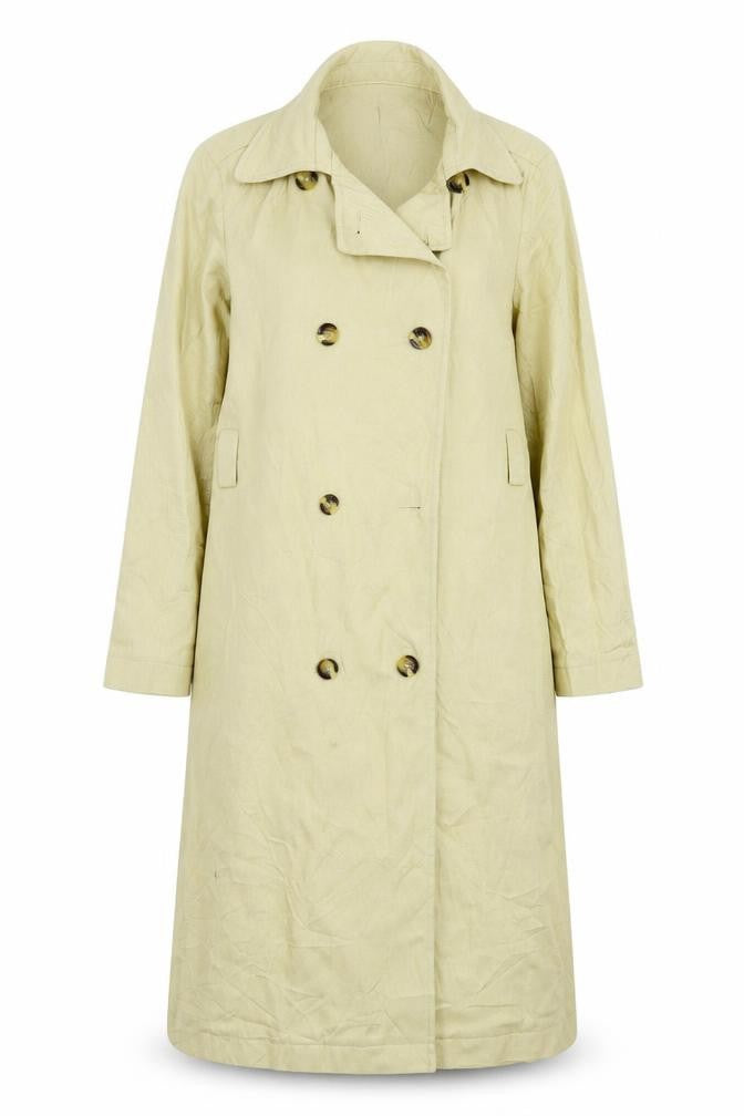 Front view of Marks & Spencer women’s beige overcoat coat, size UK 8