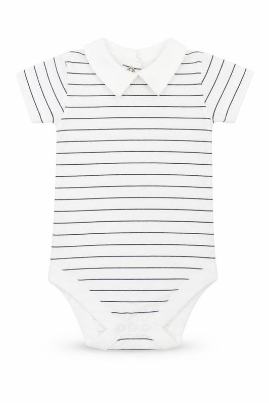 Front view of Nutmeg Baby White Striped Babygrow One-Piece, size 0-3, Months
