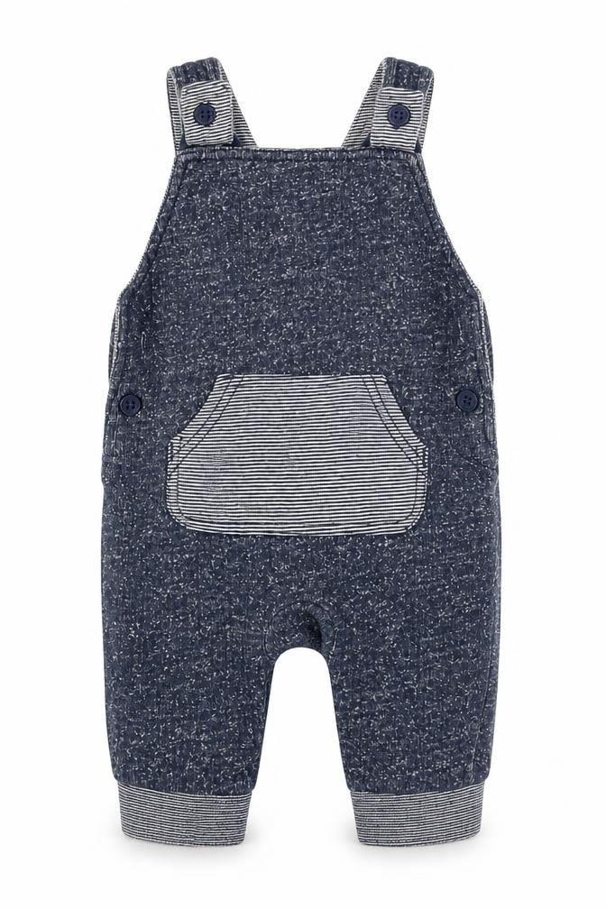 Front view of George boys’ blue dungaree one-piece, size 0-3, months