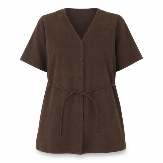 Front view of Preworn women’s brown basic button-up, size UK 18, - shoulder pads