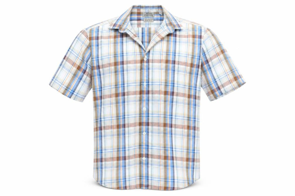 Front view of Peter England men’s blue check button-up, size M
