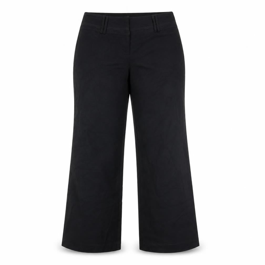 Front view of Dunnes women’s black trousers, size UK 12, 27-inch leg
