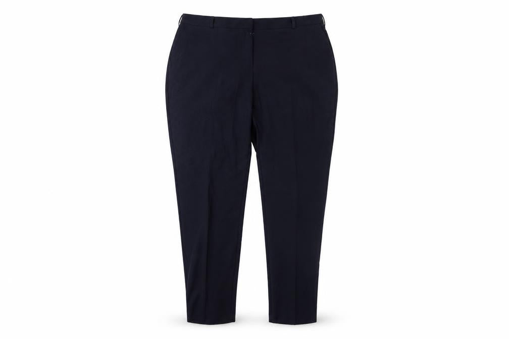 Front view of BHS women’s blue trousers, size UK 16, 27-inch leg
