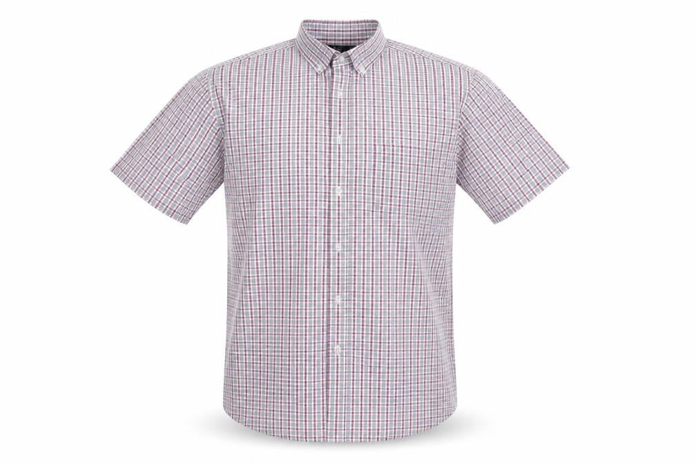 Front view of F&F men’s red check button-up, size S