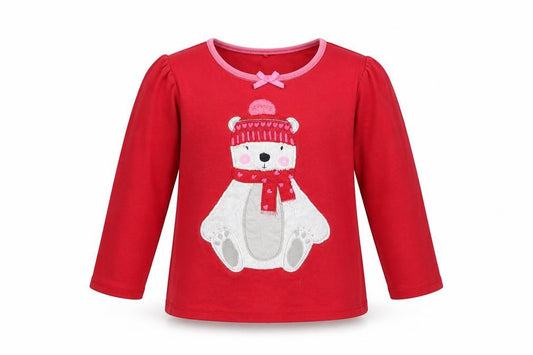 Front view of George girls’ red animal print pyjama top, size 5-6, years - polar bear with hat