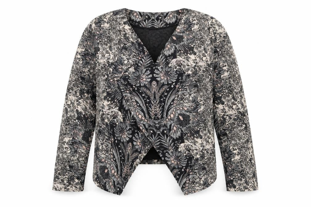 Front view of Peacocks women’s black floral jacket, size UK 14