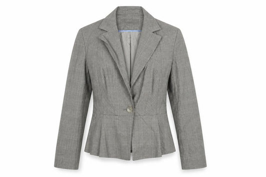 Front view of Warehouse women’s grey jacket, size UK 10