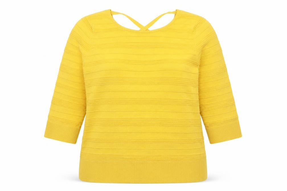 Front view of Spease women’s yellow striped rayon jumper, size XL