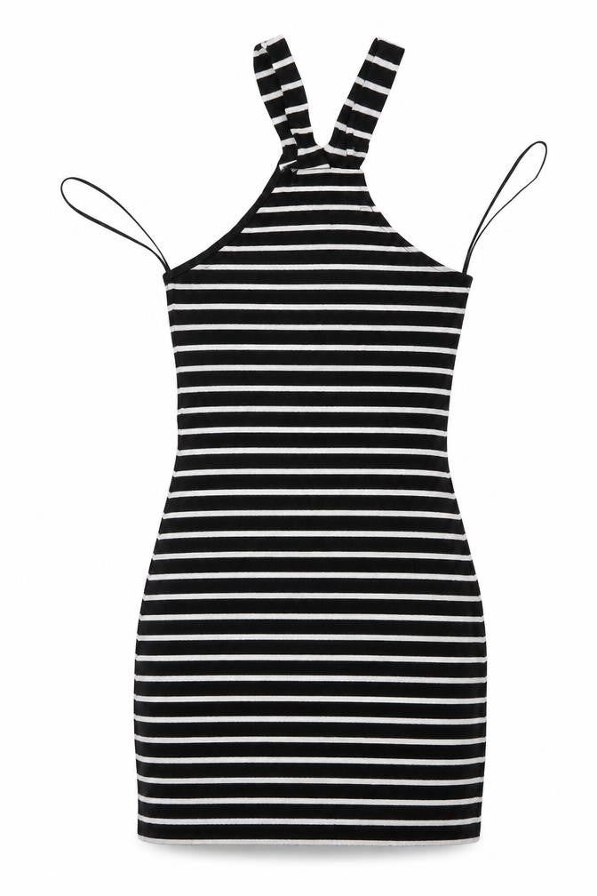 Front view of Topshop women’s black striped mini, size UK 4