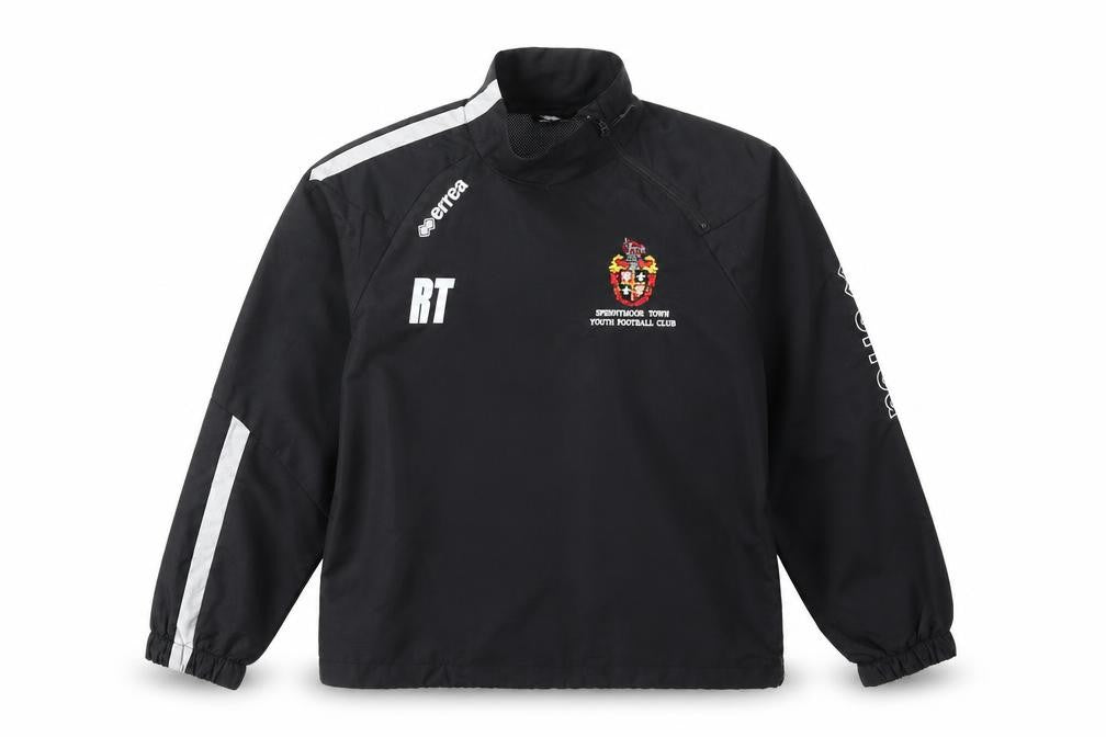 Front view of errea boys’ black jacket coat, size XS