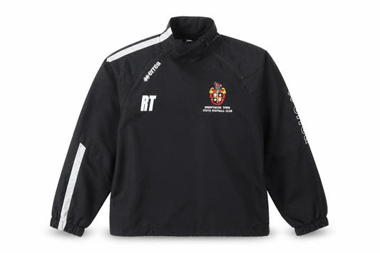 Front view of errea boys’ black jacket coat, size XS