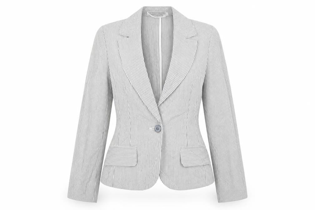 Front view of Elegance women’s grey striped jacket blazer, size UK 10
