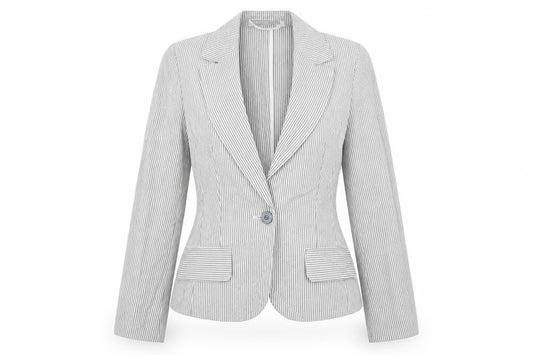 Front view of Elegance women’s grey striped jacket blazer, size UK 10