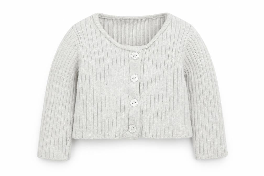 Front view of Next girls’ grey knit cardigan jumper, size 0-3, months