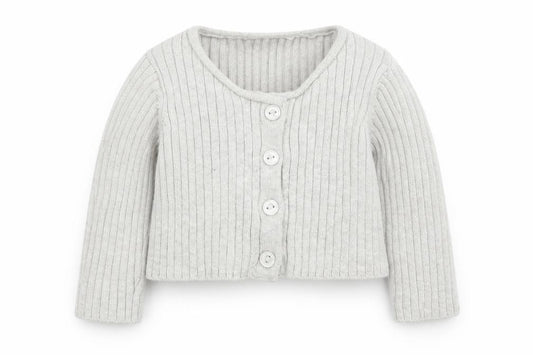 Front view of Next girls’ grey knit cardigan jumper, size 0-3, months