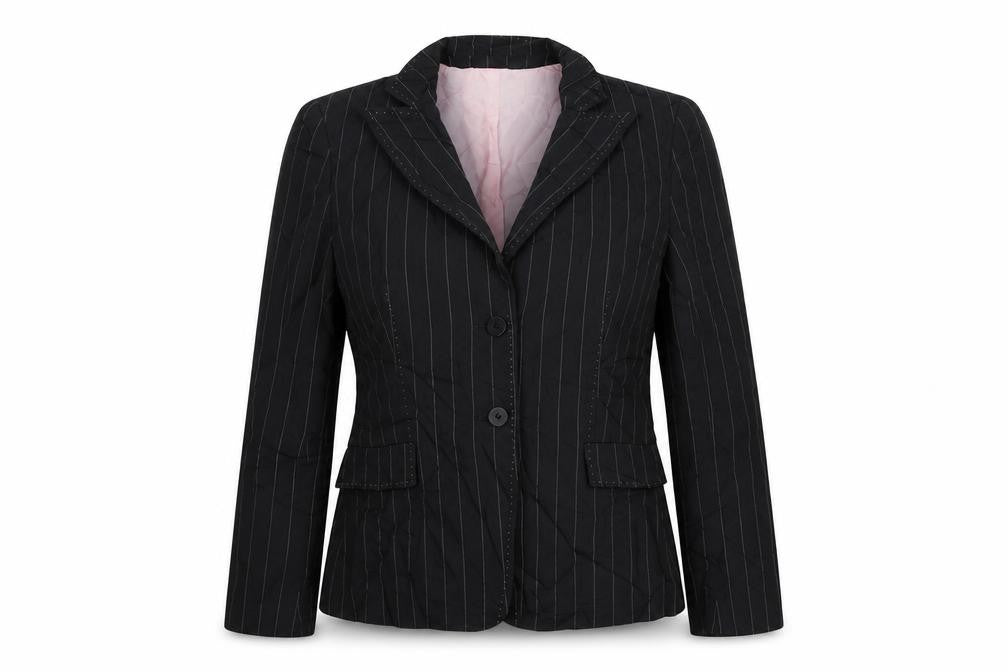 Front view of Marks & Spencer women’s black striped jacket suit jacket, size UK 10