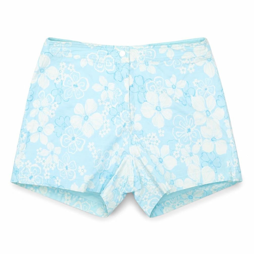 Front view of Preworn women’s blue floral cargo shorts, size UK 32, in