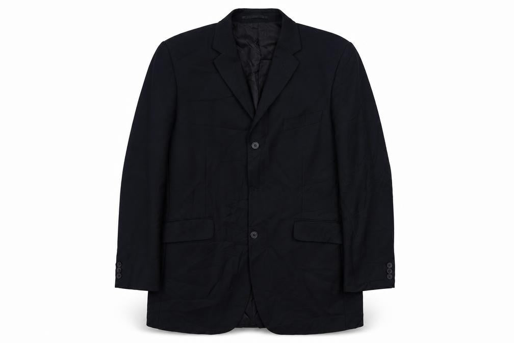 Front view of Burton men’s blue rayon jacket suit jacket, size 42