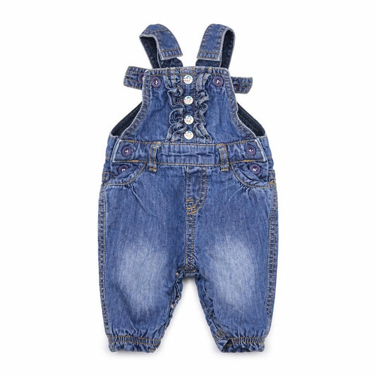 Front view of m girls’ blue dungaree one-piece one size