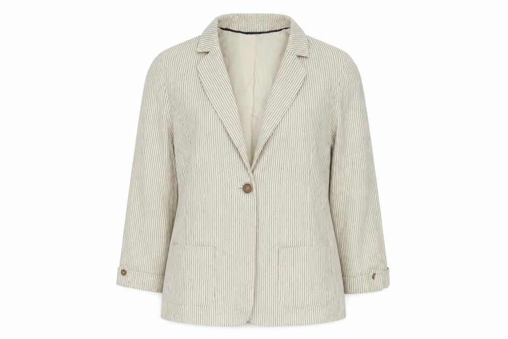 Front view of ISLE women’s beige striped jacket blazer, size UK 14