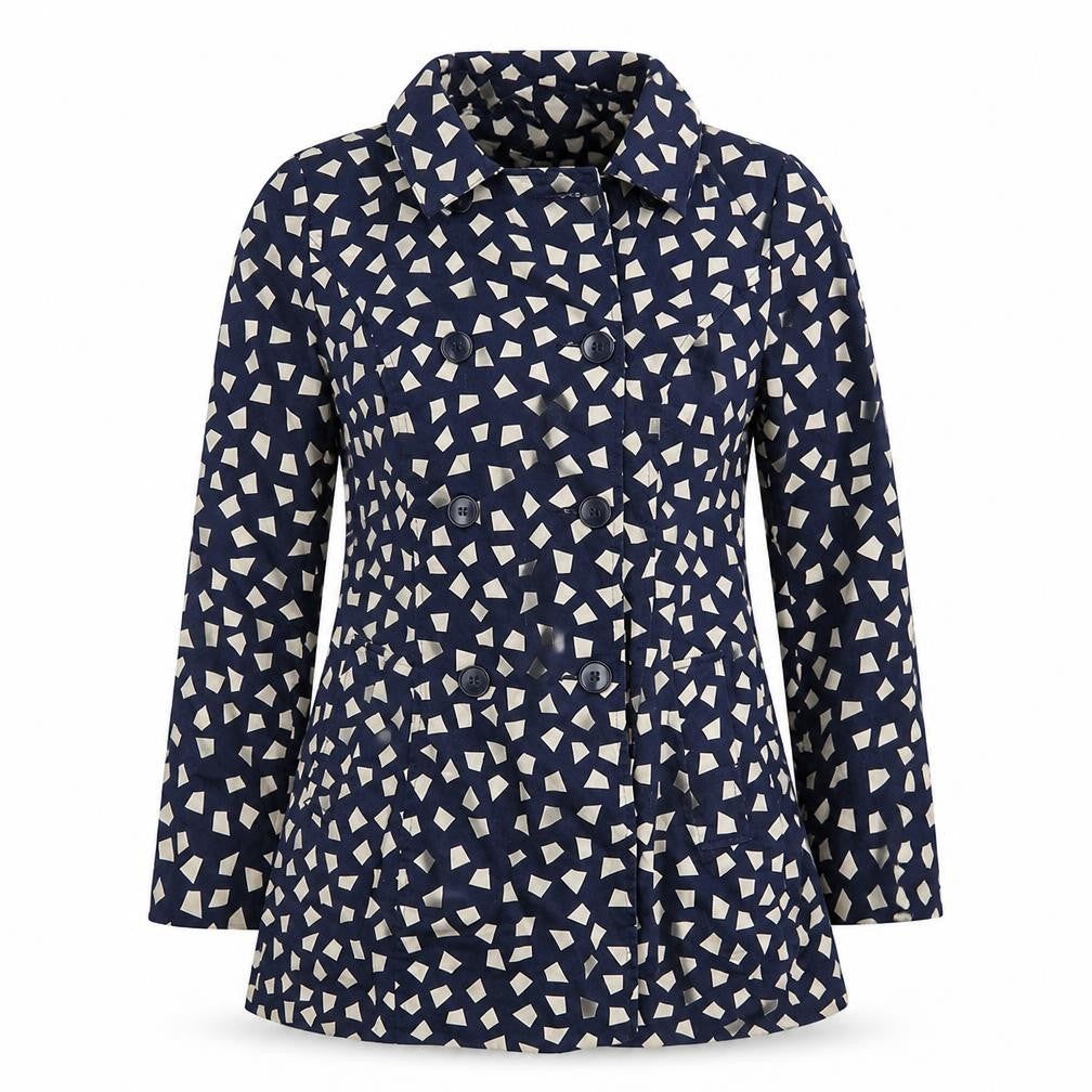 Front view of Debenhams women’s blue geometric pea coat coat, size UK 10