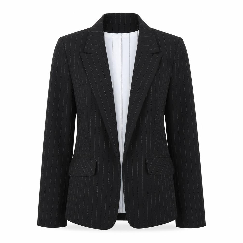 Front view of Marks & Spencer women’s black striped jacket suit, size UK 14