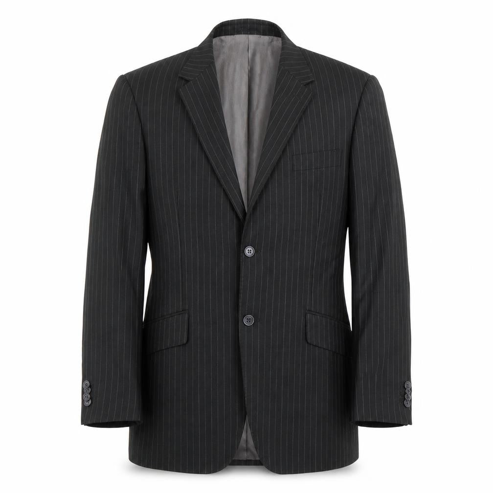 Front view of Next men’s black striped jacket suit, size 42