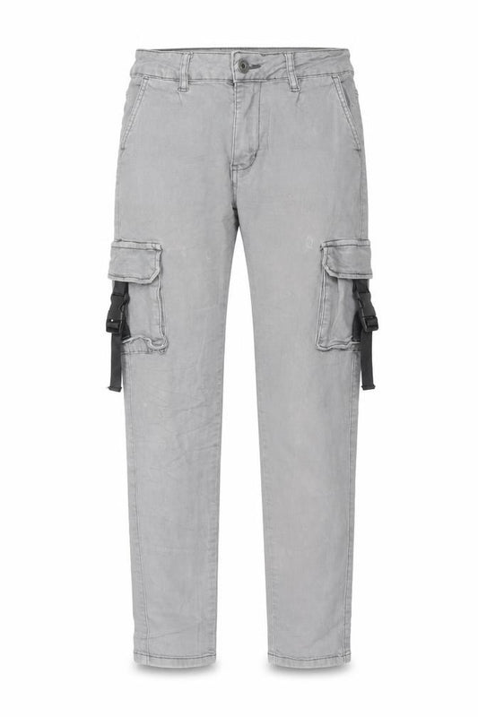 Front view of women’s grey capri jeans, size L, 30-inch leg