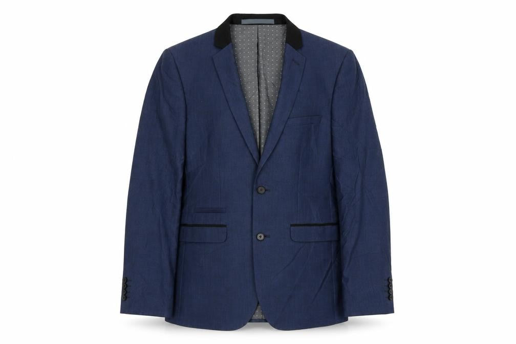 Front view of Burton men’s blue jacket blazer, size 36