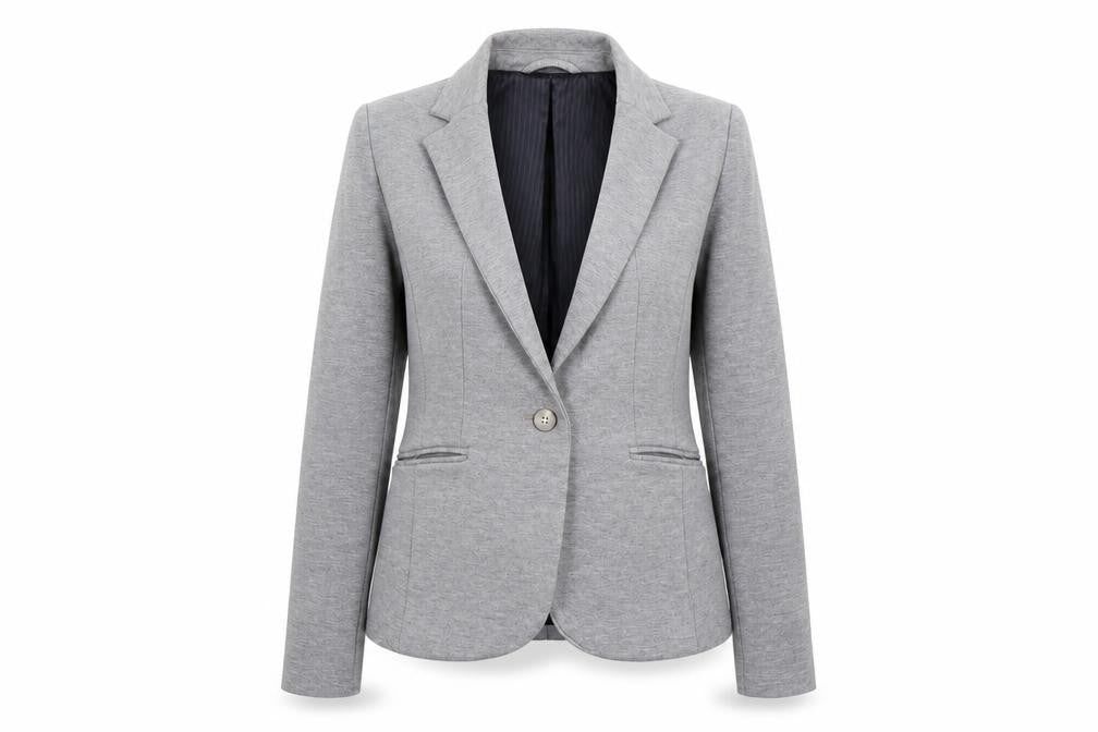 Front view of H&M women’s grey striped jacket suit jacket, size UK 6