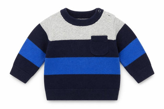 Front view of Gap boys’ blue striped jumper, size 3-6, months