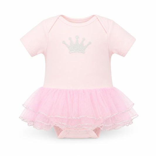 Front view of Beauty And The Bib girls’ pink babygrow one-piece, size 6-9, months