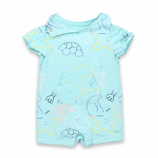 Front view of Marks & Spencer Baby Blue Geometric Babygrow One-Piece, size 0-3, Months