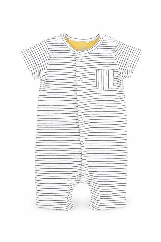 Front view of Mammass Baby White Striped Babygrow One-Piece, size 6-9, Months