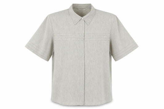 Front view of ELVI men’s beige striped button-up, size XL