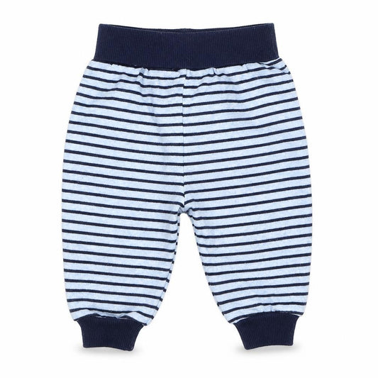 Front view of Early Days boys’ blue striped sweatpants, size 3-6, months
