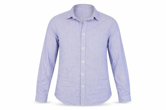 Front view of Gap men’s blue striped button-up, size M